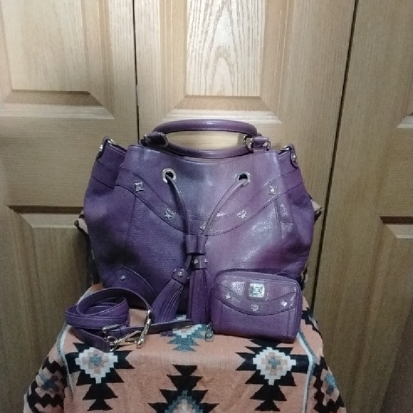 MCM Handbags - MCM Purple Drawstring Bucket Bag And Matching Wallet Set